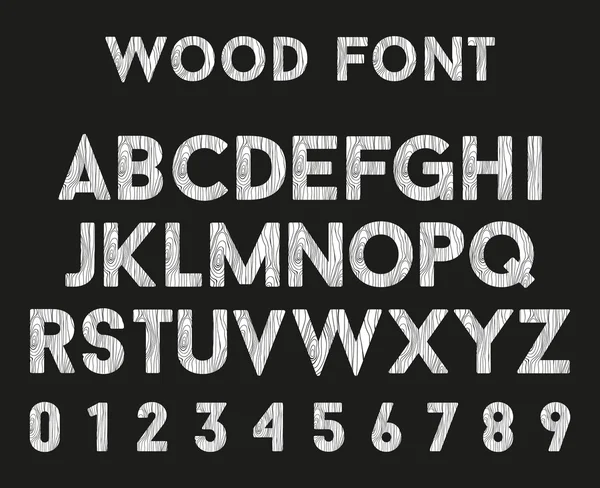 文字と数字の木製のアルファベット。木造ベクトルフォント — ストックベクタ