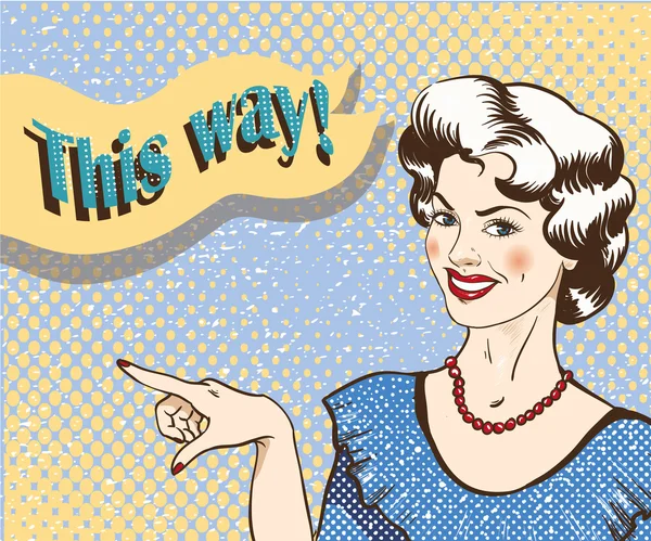 Woman with speech bubble pointing finger to the right direction. Vector illustration in retro comic pop art style — Διανυσματικό Αρχείο