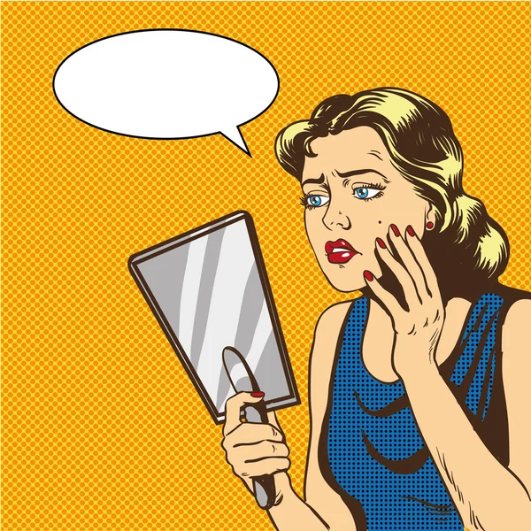 Kadın, retro çizgi roman pop sanat tarzında ayna vektör çizimine bakıyor. Konuşma balonu
