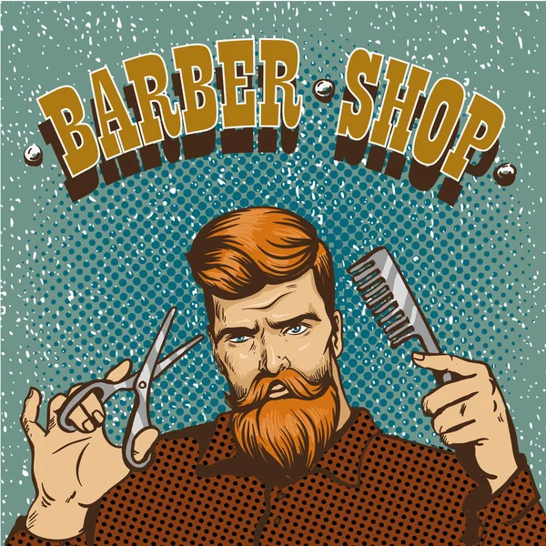 Peluquería póster ilustración vector. Estilista Hipster con diseño de tijeras en estilo de arte pop vintage — Vector de stock