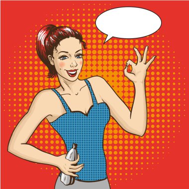Woman smiles and shows OK hand sign with speech bubble. Vector illustration in retro comic pop art style. Fitness girl good shape, bottle of water