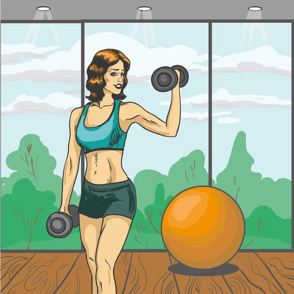 Woman with barbell vector illustration in retro pop art style. Sport fitness concept comic poster. Girl slim body in gym — Stock Vector