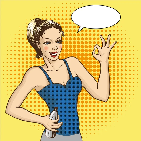 Frau lächelt und zeigt Handzeichen mit Sprechblase. Vektorillustration im Retro-Comic-Pop-Art-Stil. Fitness-Mädchen gut in Form, Flasche Wasser — Stockvektor