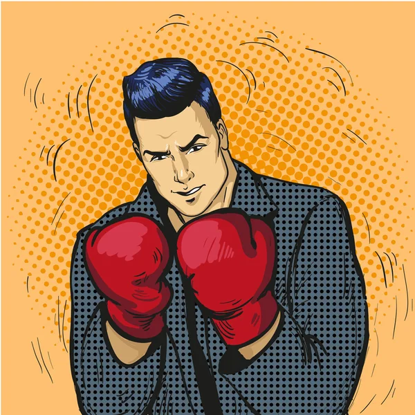 Hombre en guantes de boxeo vector ilustración en estilo de arte pop cómico. Empresario listo para luchar y proteger su concepto de negocio — Archivo Imágenes Vectoriales