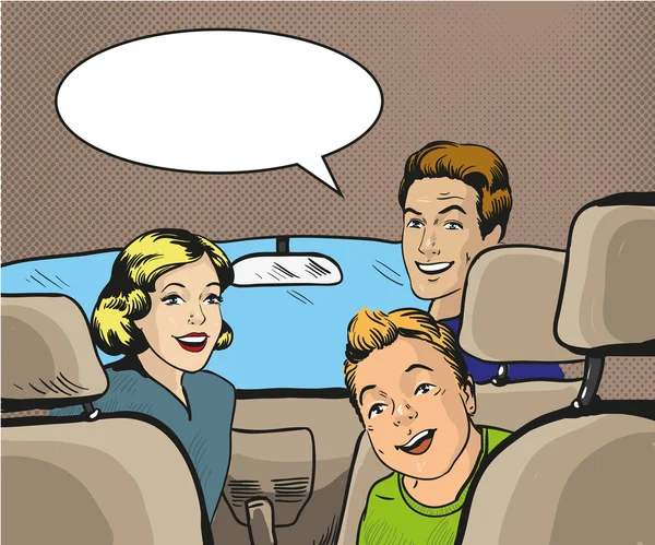 Familie zitten in de auto terug kijkend. Vectorillustratie in pop-art stijl, retro stripboek. — Stockvector