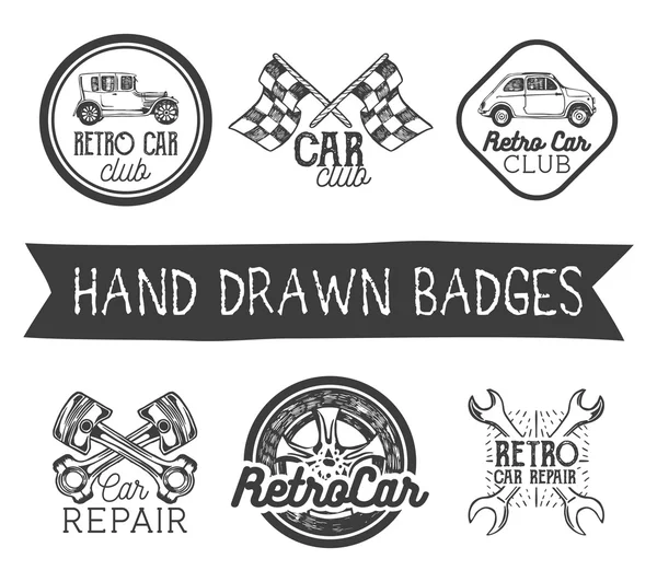 Conjunto vetorial de etiquetas de carro retro desenhadas à mão em estilo vintage. Auto clube elementos de design, emblemas, emblemas, logotipo e ícones —  Vetores de Stock