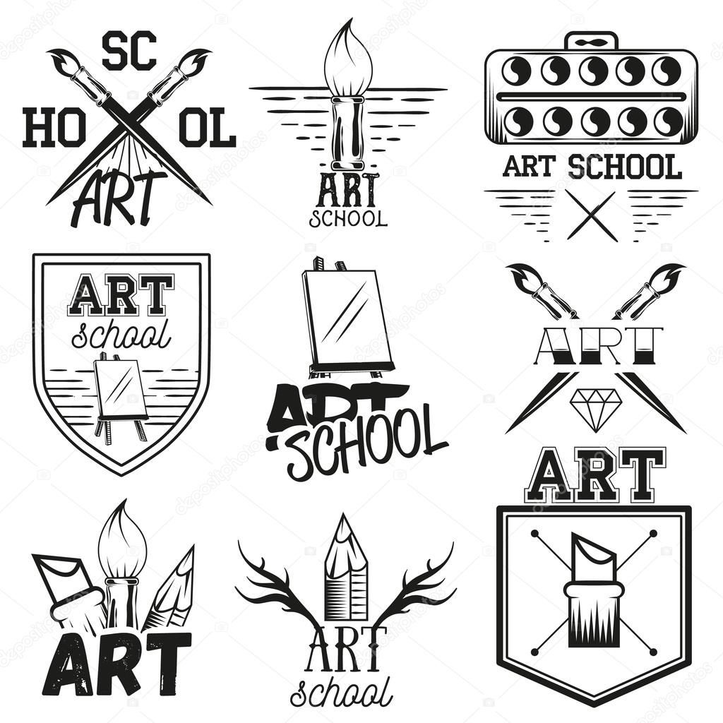 Vector set of art studio labels in vintage style. School of arts design elements, emblems, badges, logo and icons. Brushes and easel.