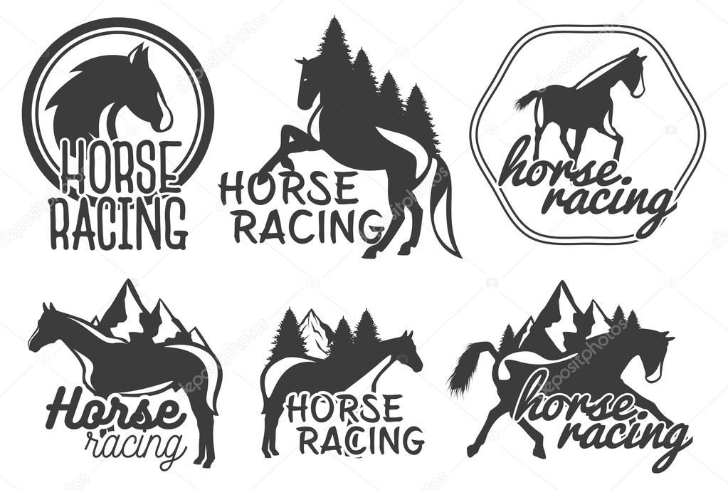 Vector set of horse racing labels in vintage retro style. Design elements, icons, logo, emblems and badges isolated on white background