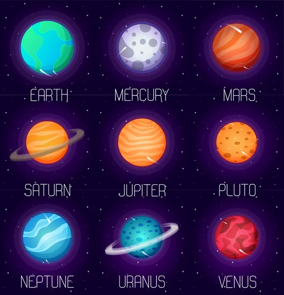 Conjunto vectorial de planetas del sistema solar en estilo de dibujos animados. Elementos e iconos del diseño del espacio exterior — Vector de stock