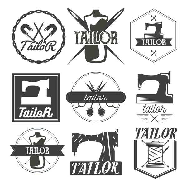 Vector set van vintage naaien logo, ontwerpelementen en emblemen. Shop etiketten op maat — Stockvector