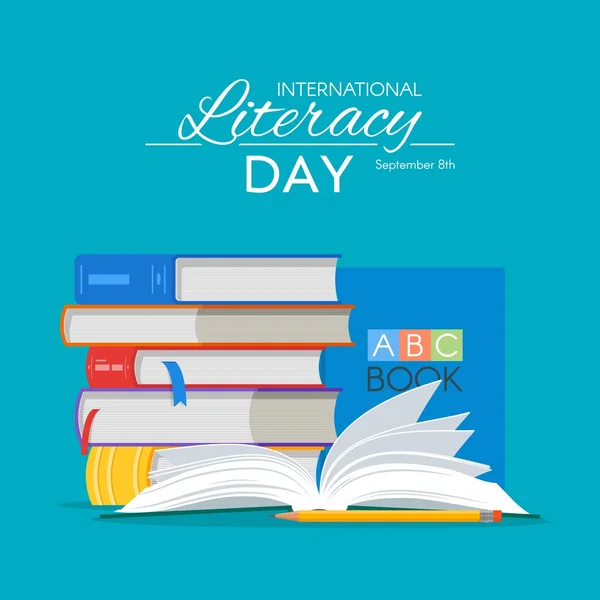Manifesto della Giornata internazionale dell'alfabetizzazione. Istruzione concetto vettoriale illustrazione. Mucchio di libri — Vettoriale Stock