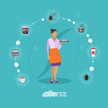 Garson kahve fincanı ile bir tepsi tutar. Cafe konsept vektör çizim düz stil tasarım. Barista simgeler.