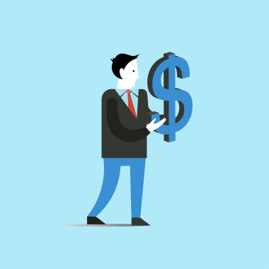 İş adamı büyük dolar işareti tutar. Ekonomi kavramı vektör çizim