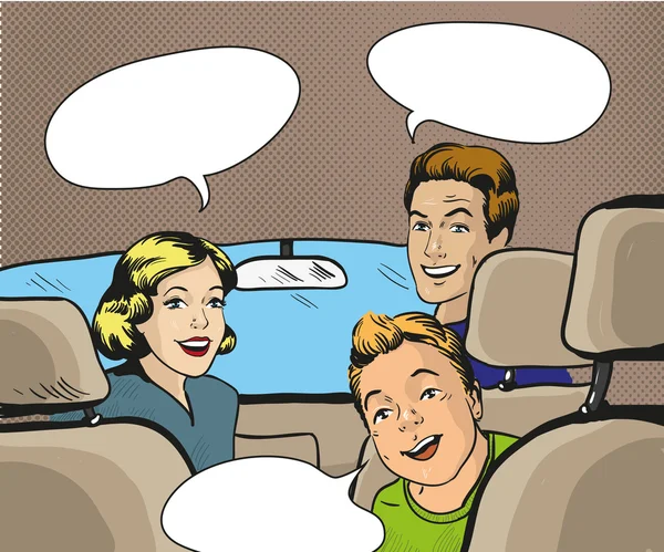 Familie zitten in de auto terug kijkend. Vectorillustratie in pop-art stijl, retro stripboek. — Stockvector