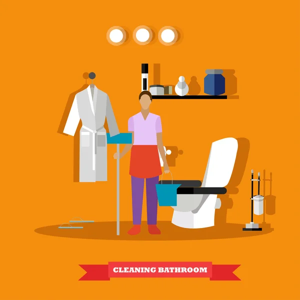 Servicio de limpieza concepto vector ilustración. Mujer limpia cuarto de baño casa — Vector de stock