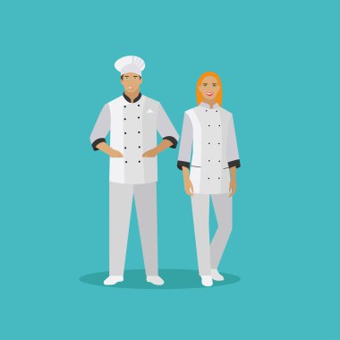 Pişirme şefleri karakterleri. Düz stil tasarımında vektör illüstrasyonu. Kadın ve erkek şef aşçı