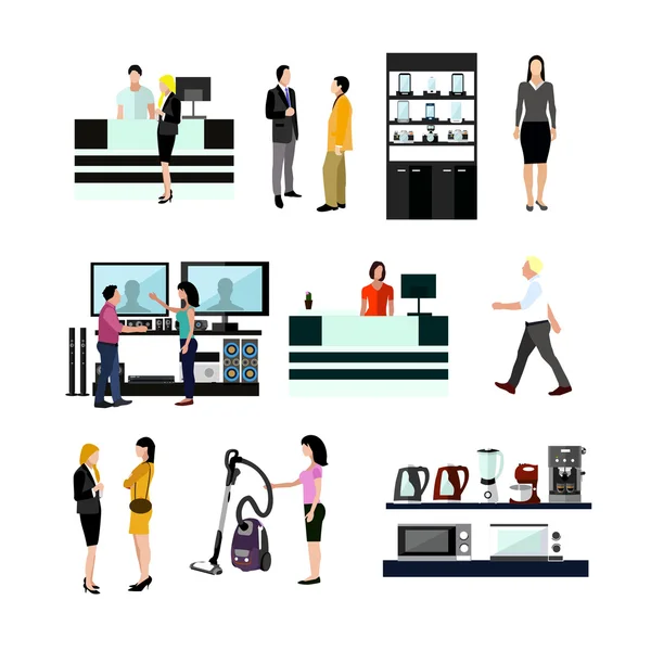 Vector uppsättning människor shopping i hem elektronisk butik. Ikoner och diverse designelement isolerad på vit bakgrund — Stock vektor