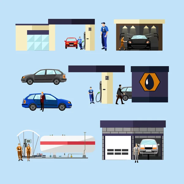 Tankstelle, Autowaschanlage und Werkstatt Konzept Vektor isolierte Objekte, Symbole. Verkehrsbezogener Service — Stockvektor
