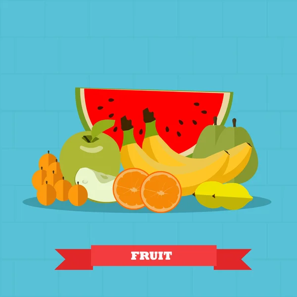 Fruits produits alimentaires illustration vectorielle dans un style plat. Affiche santé — Image vectorielle