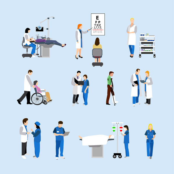 Vector set of doctors and patients in hospital. Illustration with medical workers isolated objects.