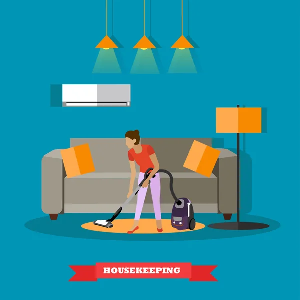 Schoonmaak service concept vectorillustratie. Vrouw schoon huis woonkamer — Stockvector