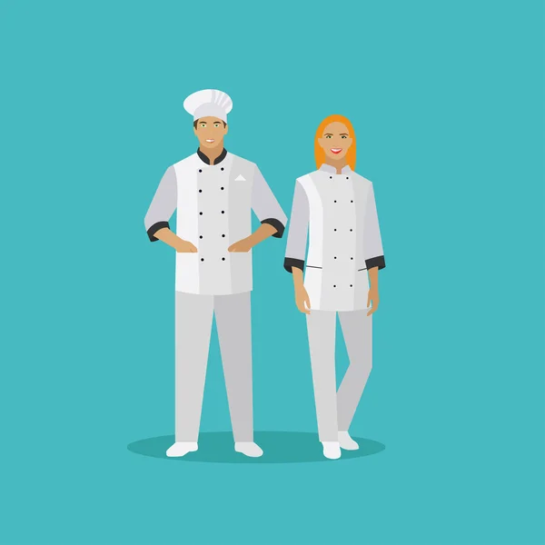 Chefs de cocina personajes. Ilustración vectorial en diseño de estilo plano. Mujer y hombre cocinero — Vector de stock