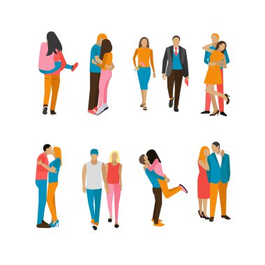 Vektör aşık çiftler kümesi. İnsanlar farklı durumları karakterler, pozlar. Aşıklar birbirlerine sarılır ve öpüşürler.