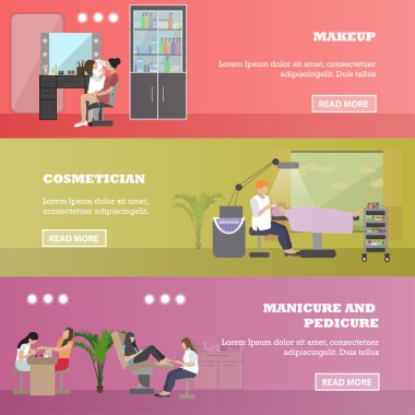 Güzellik salonu vektör konsept afiş. Düz karikatür tarzında manikür ve kozmetik stüdyosu illüstrasyon İnsanlar