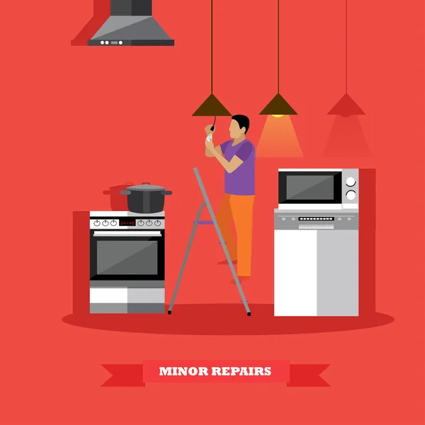 Человек меняет лампочку на кухонной векторной иллюстрации. Сделайте ремонт дома самостоятельно — стоковый вектор