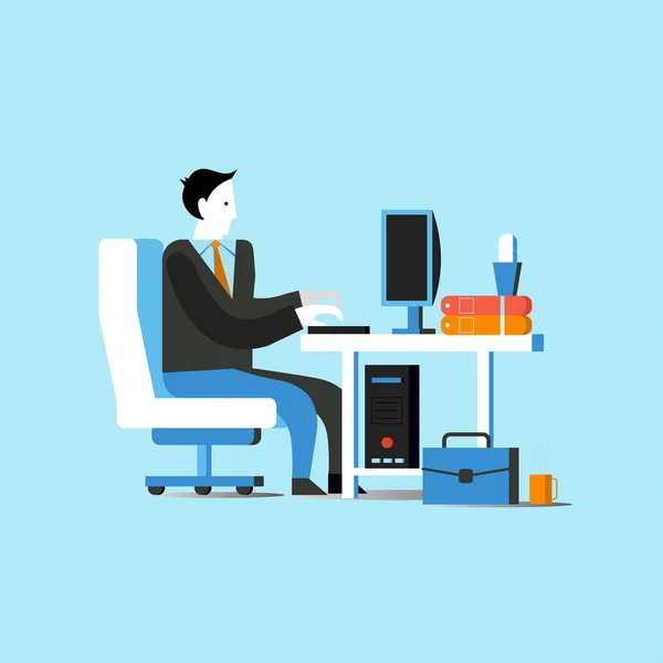 İşadamı veya ofis çalışanı sandalyede oturarak bilgisayarla çalışıyor. İş kavramı vektör illüstrasyon — Stok Vektör