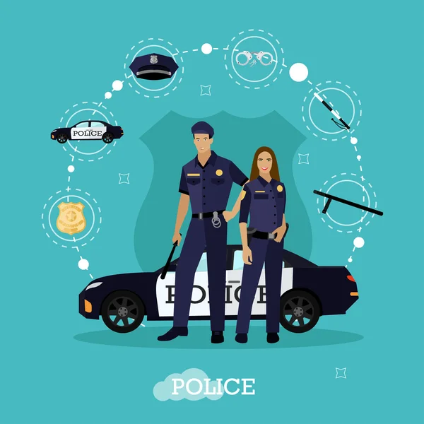 El policía y la mujer se quedan al lado del coche. Concepto vector ilustración estilo plano. Oficial en uniforme . — Vector de stock