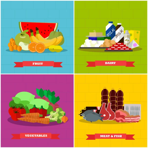 Düz stil tasarım sağlıklı gıda vektör poster. Farklı ürün grupları — Stok Vektör