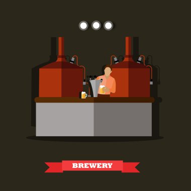 Bira ve bira restoran konsept vektör illüstrasyon. Bira üretim metal tanklar