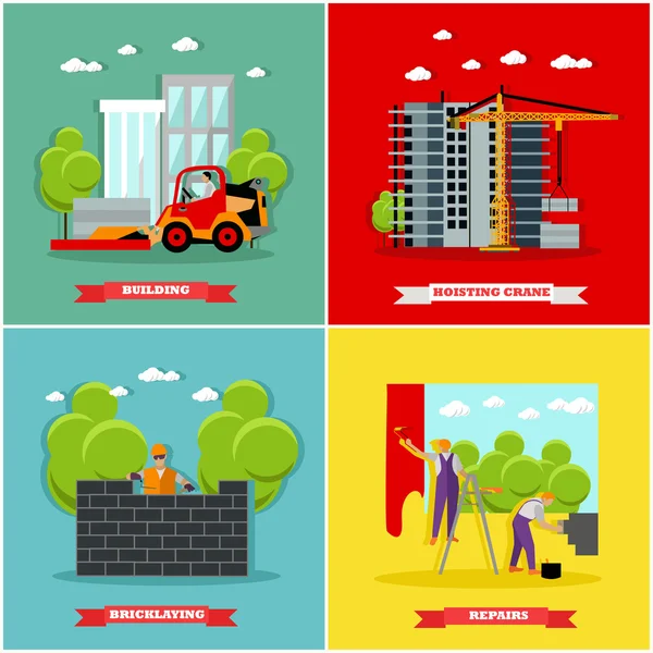 Planta de construcción concepto vector banners. Construcción, trabajadores, máquinas, grúa . — Vector de stock