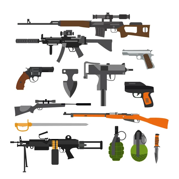 Ensemble vectoriel d'armes de combat de l'armée. Icônes isolées sur fond blanc. Pistolet, fusils, grenade — Image vectorielle