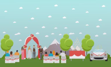 Düğün töreni tasarım vektör afiş. Dış taraf. Gelin ve damat evliliklerini kutlamak