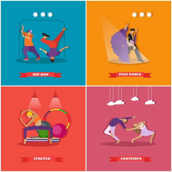 Pessoas dançando em estilos diferentes. Breakdance, paso doble, dança contemporânea. Ilustração vetorial em design plano —  Vetores de Stock