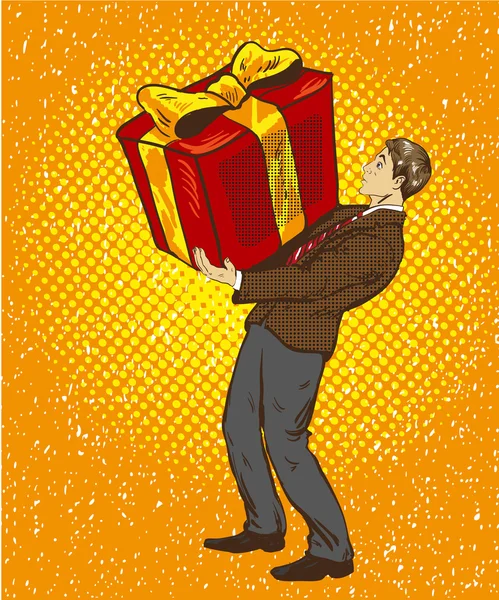 Adam büyük hediye kutusu tutar. Vektör çizim retro komik pop sanat tarzı. Noel veya doğum günü hediyesi olan bir adam — Stok Vektör