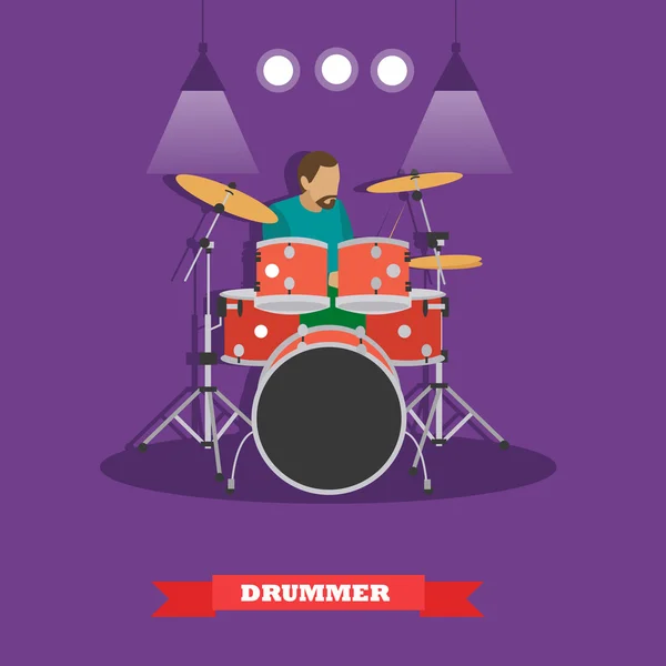 Drummer musician playing drums. Vector illustration in flat style design — Stock Vector