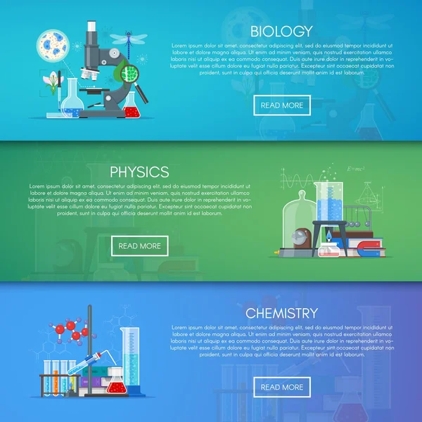 Biológia, kémia és fizika vektoros zászlók. Tudomány oktatási koncepció poszter lapos stílusú design — Stock Vector