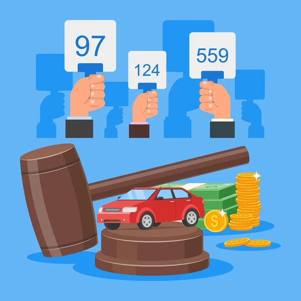 Auction and bidding concept vector illustration in flat style design. Selling car — Stock Vector