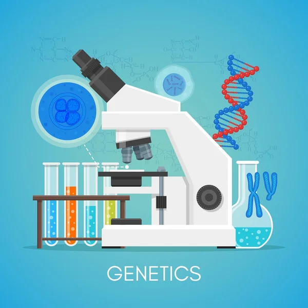 Genética ciência conceito vetor poster em design de estilo plano. Biologia equipamentos de laboratório escolar — Vetor de Stock
