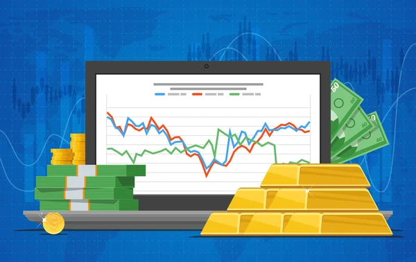 Ilustração vetorial de preço de ouro em estilo plano. Gráfico de ações na tela do laptop . — Vetor de Stock