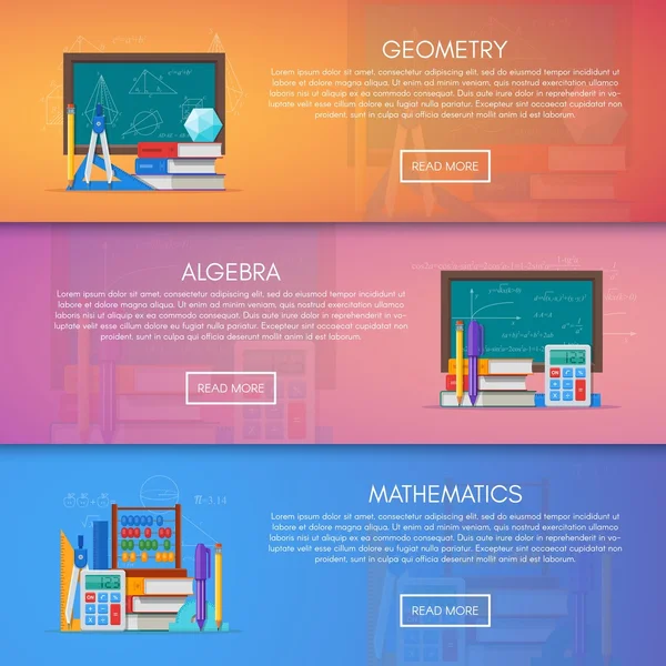 Géométrie, algèbre et bannières vectorielles mathématiques. Affiche de concept d'enseignement des sciences dans un style plat — Image vectorielle