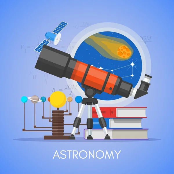 Cartel vectorial concepto astronomía ciencia educación en diseño de estilo plano — Vector de stock