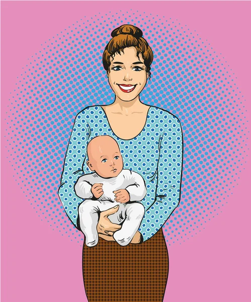 Donna in possesso di un bambino illustrazione vettoriale in stile pop art retrò. Madre con il suo poster di design a fumetti bambino — Vettoriale Stock