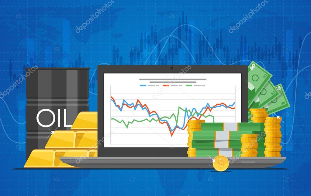 Barrel of oil price chart vector illustration in flat style. Stock graph on laptop screen.