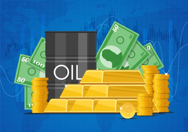 Barile di petrolio, lingotti d'oro e mucchi di soldi. Illustrazione vettoriale dei mercati finanziari aziendali — Vettoriale Stock