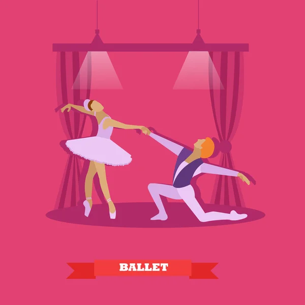芭蕾舞蹈演员舞蹈在舞台上。女芭蕾舞演员与男舞者矢量插图在平面样式设计 — 图库矢量图片
