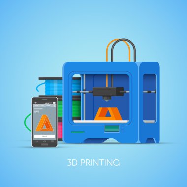 3D printin kavramı posterdeki düz stil vektör. Endüstriyel yazıcı nesnelerini smartphone--dan.